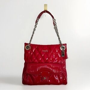 Coach Poppy Red Liquid Gloss Patent Leather Quilted Handbag Shoulder Purse-18673